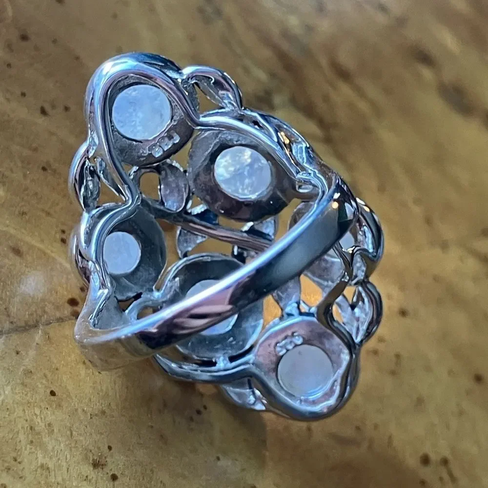 Natural Rainbow Moonstone Sterling Silver Cocktail Ring Size 7